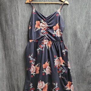 Women's XL Black Dress with Pink Florals, Adjustable Straps, & Pockets